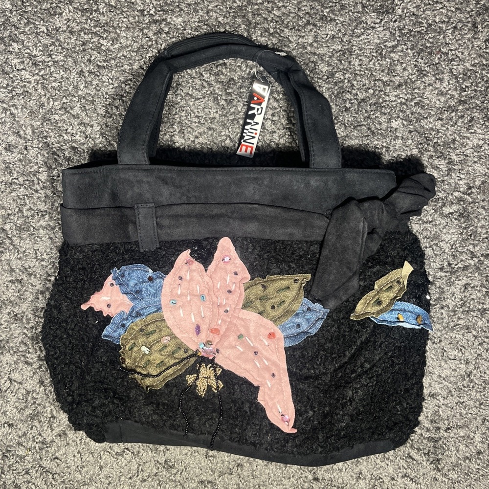 Far Nine Patchwork Embellished Beaded Sequin Black Purse‎